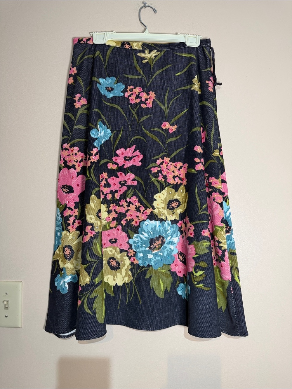 Anne Klein Navy A-Line Midi Skirt with Pink, Blue & Green Floral Print sequin